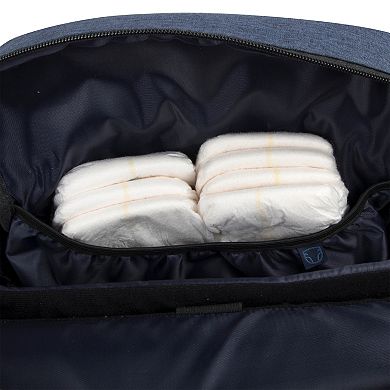 Fisher-Price Fastfinder Multi-Pocket Denim Diaper Bag Backpack With Changing Pad And Stroller Straps