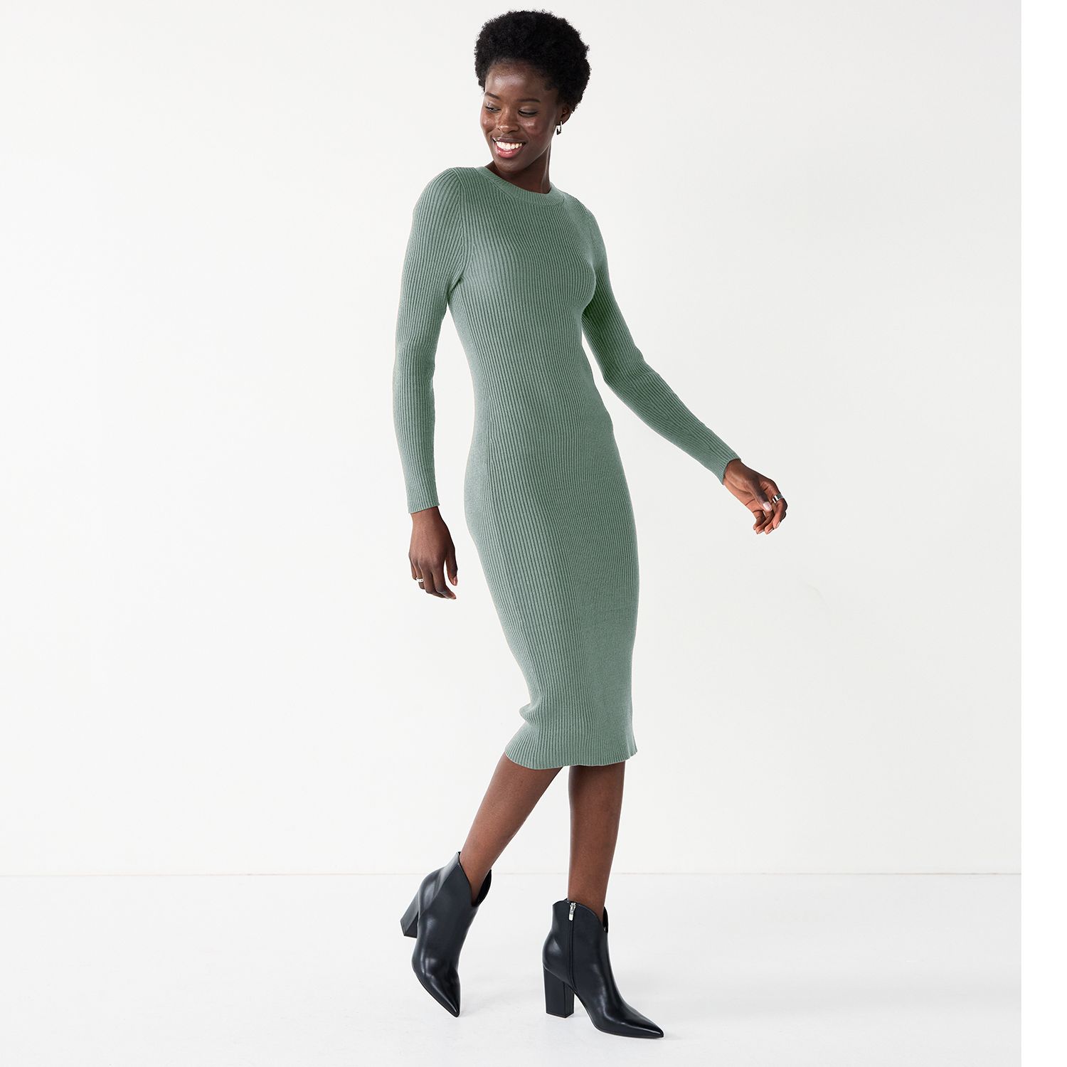 Wholesale Black O Neck 3/4 Sleeve Ruffle Hem Casual Formal Office Lady Bodycon Midi Dresses