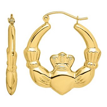 10k Gold Polished Claddagh Hoop Earrings