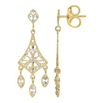 10k Gold Two Tone Filigree Chandelier Dangle Earrings