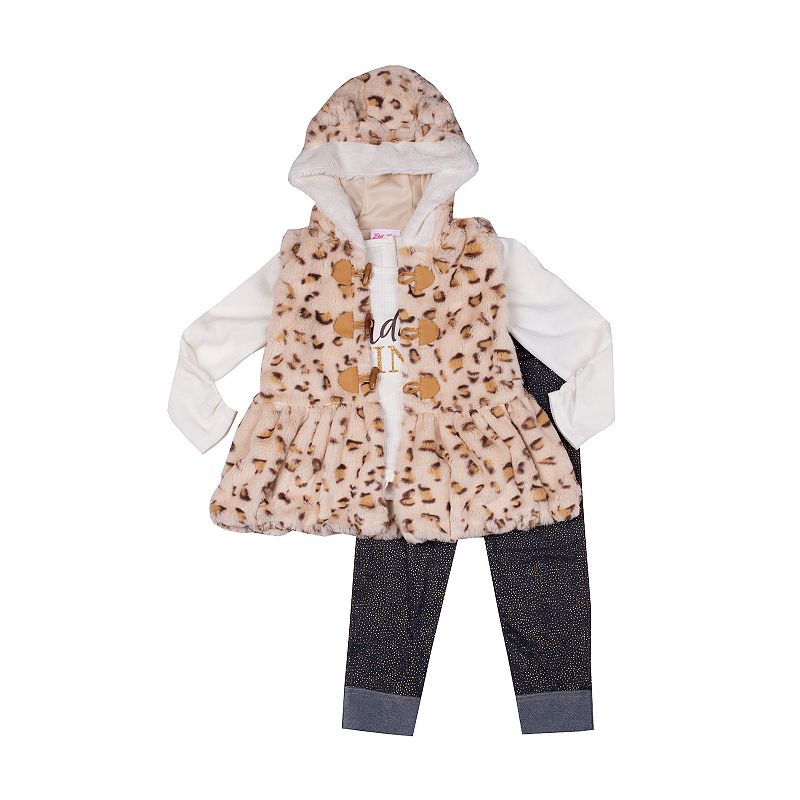 Toddler Girl Little Lass Hooded Faux Fur Vest, Long Sleeve Tee, & Foil Prin