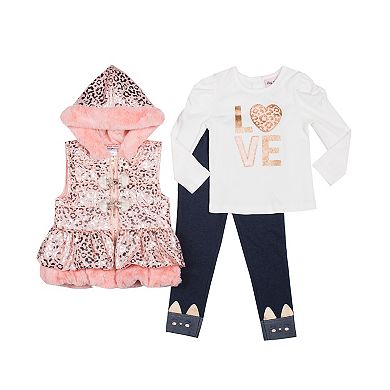 Baby & Toddler Girl Little Lass Unicorn Metallic Puffer Vest, Long Sleeve Tee, & Printed Leggings Set