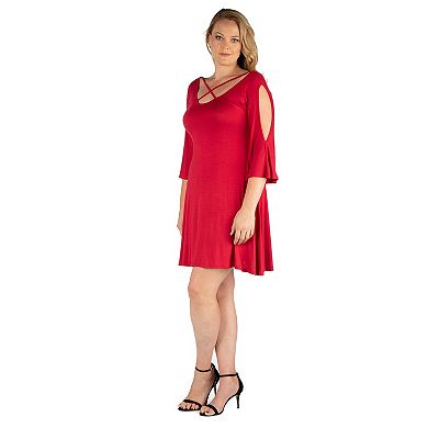 Plus Size 24seven Comfort Apparel Criss Cross Neckline Cold Shoulder Dress