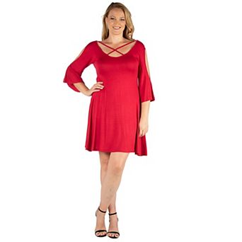 Plus Size 24seven Comfort Apparel Criss Cross Neckline Cold Shoulder Dress