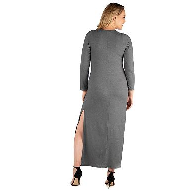 Plus Size 24seven Comfort Apparel Long Sleeve Side Slit Fitted Maxi Dress