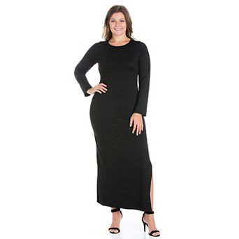Plus Size 24seven Comfort Apparel Long Sleeve Side Slit Fitted Maxi Dress