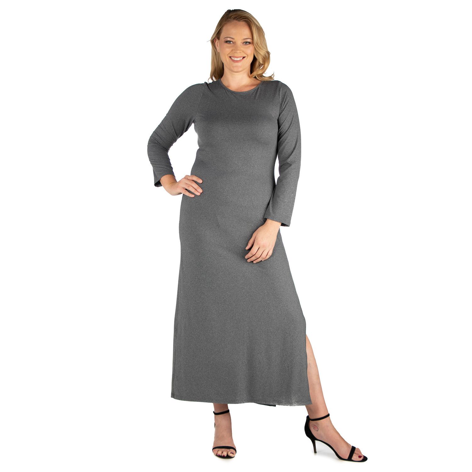 Женские платья 24Seven Comfort Apparel Plus Size 24seven Comfort Apparel Long Sleeve Side Slit Fitted Maxi Dress