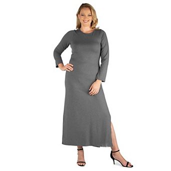 Plus Size 24seven Comfort Apparel Long Sleeve Side Slit Fitted Maxi Dress