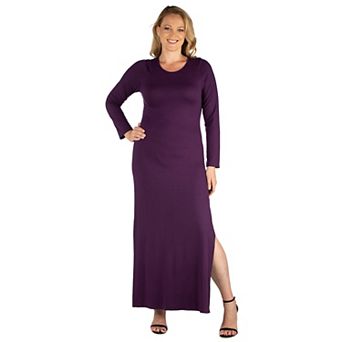 Plus Size 24seven Comfort Apparel Long Sleeve Side Slit Fitted Maxi Dress