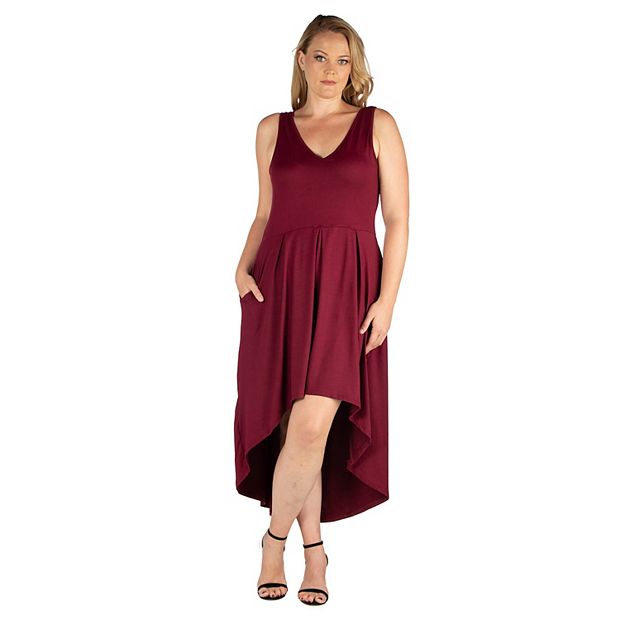 red high low dress plus size 24seven Comfort Apparel Plus Size High Low with Pockets Party Dress-Burgundy-3X