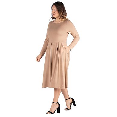 Plus Size 24seven Comfort Apparel Long Sleeve Fit and Flare Midi Dress