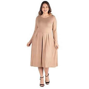 Plus Size 24seven Comfort Apparel Long Sleeve Fit and Flare Midi Dress