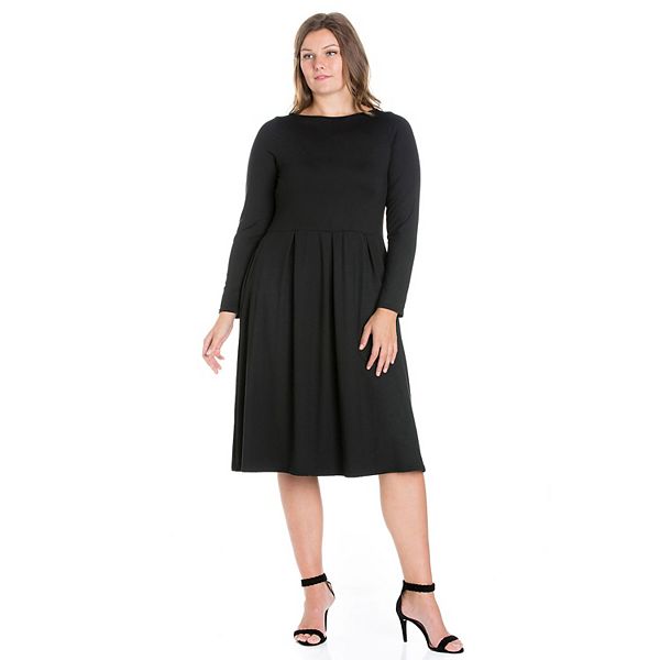 Plus Size 24seven Comfort Apparel Long Sleeve Fit and Flare Midi Dress