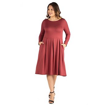 Plus Size 24seven Comfort Apparel Long Sleeve Fit and Flare Midi Dress