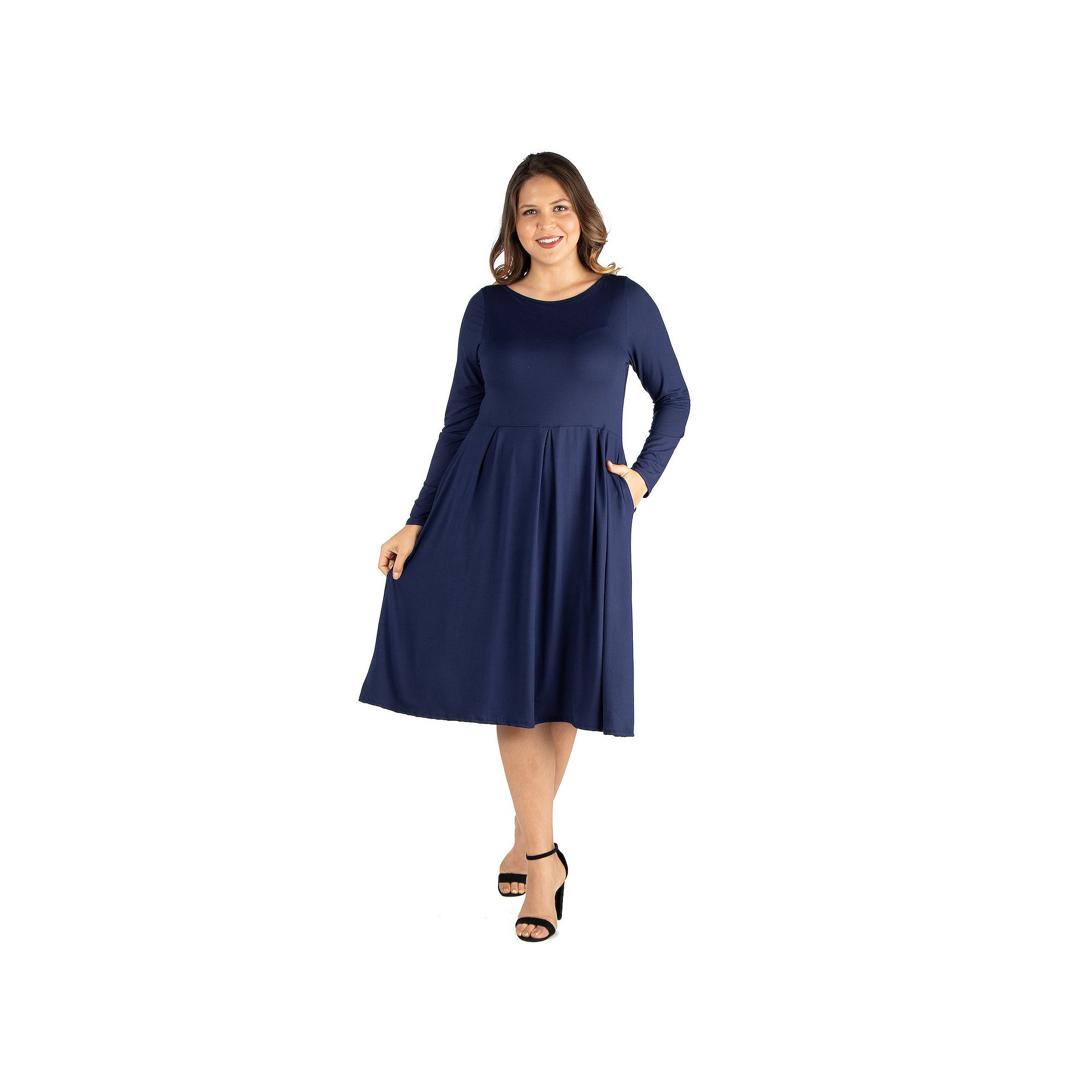 Plus Size 24seven Comfort Apparel Long Sleeve Fit and Flare Midi Dress, Wom