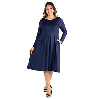 Plus Size 24seven Comfort Apparel Long Sleeve Fit and Flare Midi Dress