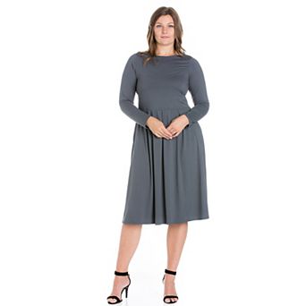 Plus Size 24seven Comfort Apparel Long Sleeve Fit and Flare Midi Dress