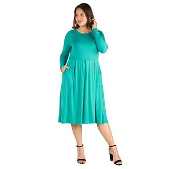 Plus Size 24seven Comfort Apparel Long Sleeve Fit and Flare Midi Dress