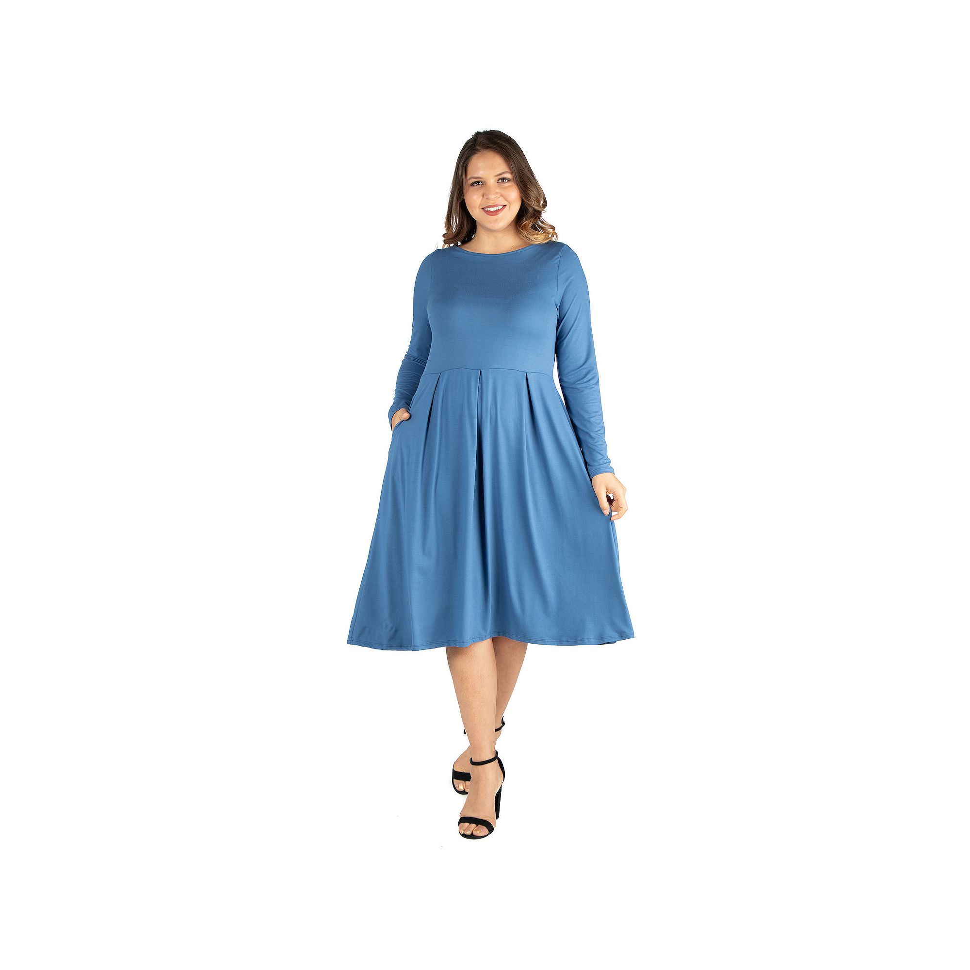Plus Size 24seven Comfort Apparel Long Sleeve Fit and Flare Midi Dress, Wom