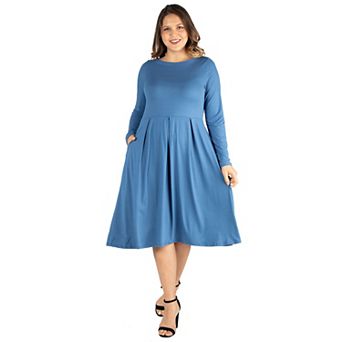 Plus Size 24seven Comfort Apparel Long Sleeve Fit and Flare Midi Dress