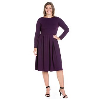 Plus Size 24seven Comfort Apparel Long Sleeve Fit and Flare Midi Dress