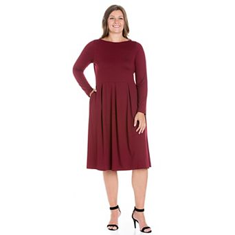 Plus Size 24seven Comfort Apparel Long Sleeve Fit and Flare Midi Dress