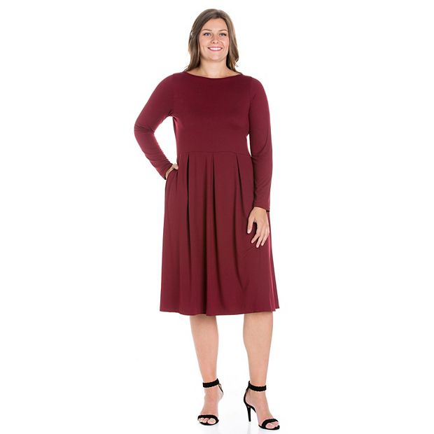 Plus Size 24seven Comfort Apparel Long Sleeve Fit and Flare Midi Dress, Women's, Size: 2XL, Brown