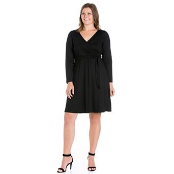 Plus Size 24seven Comfort Apparel Chic V-Neck Long Sleeve Belted Dress