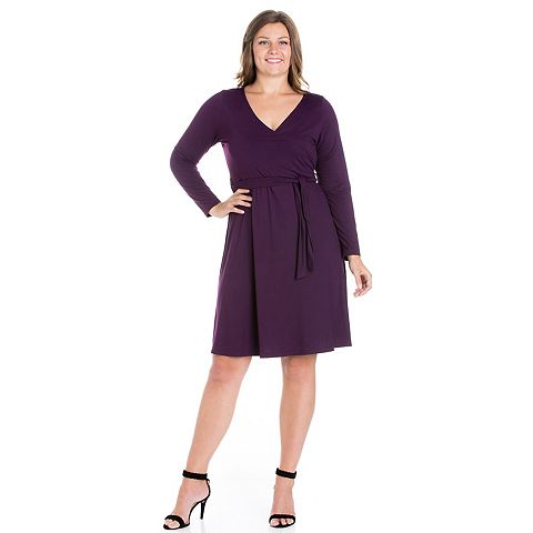 Женские платья 24seven Plus Size 24seven Comfort Apparel Chic V-Neck Long Sleeve Belted Dress