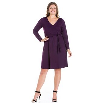 Plus Size 24seven Comfort Apparel Chic V-Neck Long Sleeve Belted Dress