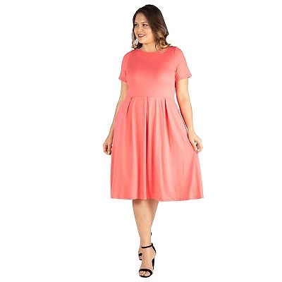 Plus Size 24seven Comfort Apparel Short Sleeve Midi Skater Dress With Pockets, Women's, Size: 3XL, Coral