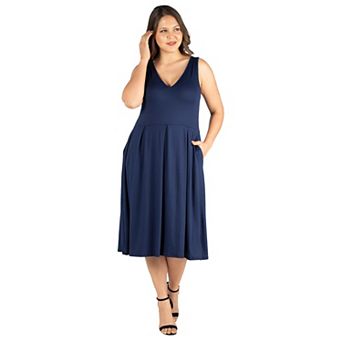 Plus Size 24seven Comfort Apparel Sleeveless Midi Fit and Flare Dress with Pockets