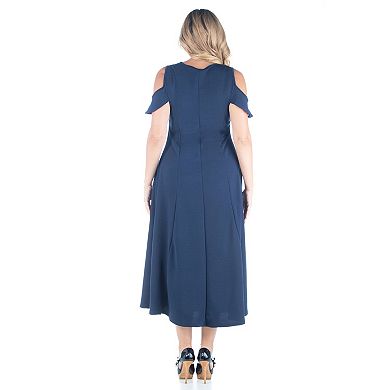 Plus Size 24seven Comfort Apparel Ruffle Cold Shoulder A-Line Maxi Dress