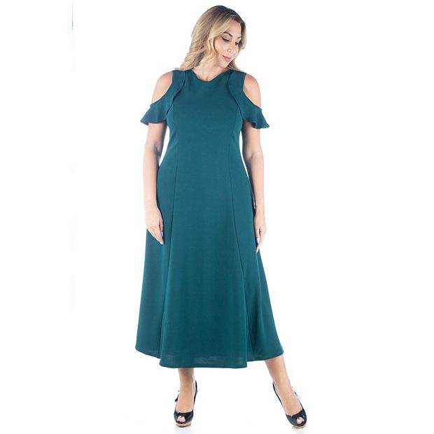 Plus Size 24seven Comfort Apparel Ruffle Cold Shoulder A-Line Maxi