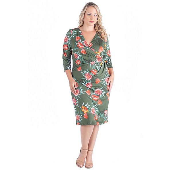 Plus Size 24seven Comfort Apparel V-Neck Floral Knee Length Wrap Dress