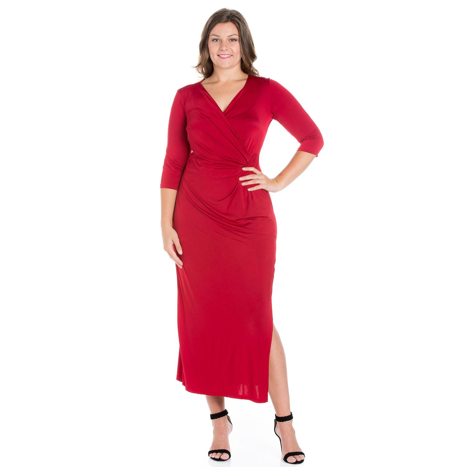 Женские платья 24Seven Comfort Apparel Plus Size 24seven Comfort Apparel Fitted V-Neck Side Slit Maxi Dress
