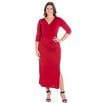 Plus Size 24seven Comfort Apparel Fitted V-Neck Side Slit Maxi Dress