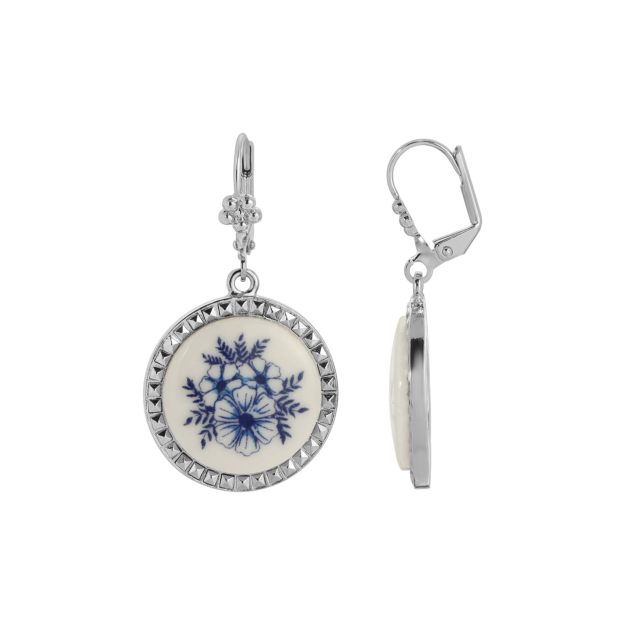 1928 Flower Enamel Round Drop Earrings, Womens, Blue