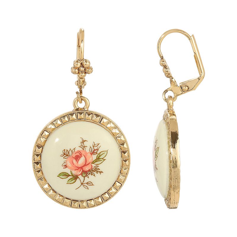 1928 Flower Enamel Round Drop Earrings, Womens, Pink