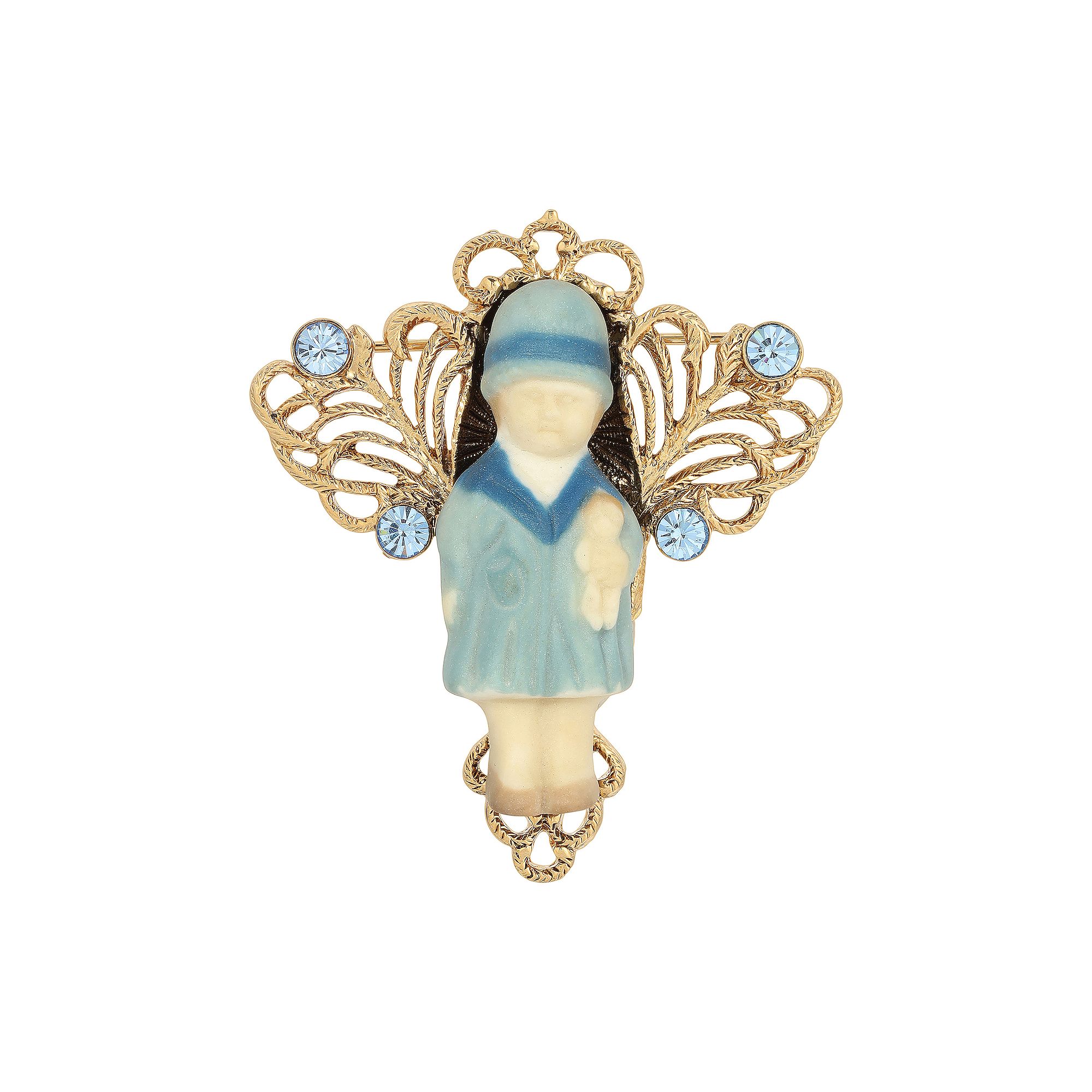 1928 14k Gold Dipped Porcelain Doll Pin, Womens, Blue