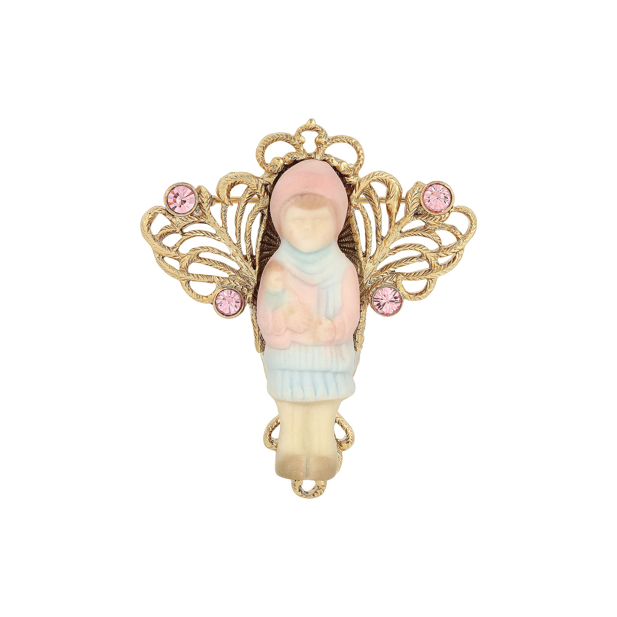 1928 14k Gold Dipped Porcelain Doll Pin, Womens, Pink