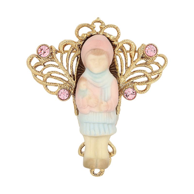 1928 14k Gold Dipped Porcelain Doll Pin, Womens, Pink