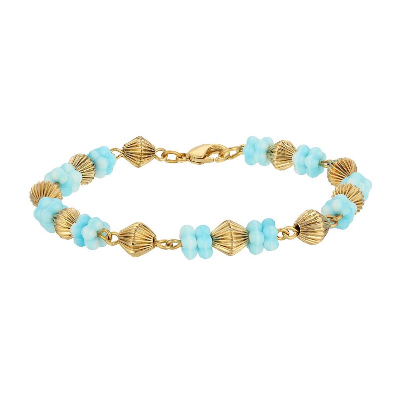 1928 Gold Tone Flower Bead Bracelet, Womens, Blue