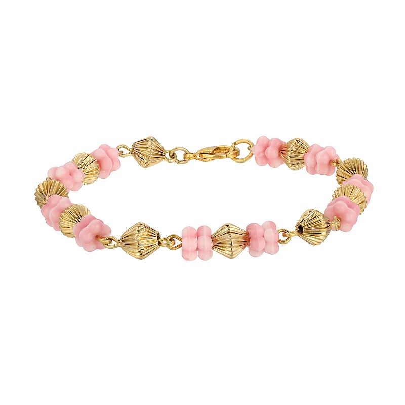 1928 Gold Tone Flower Bead Bracelet, Womens, Pink