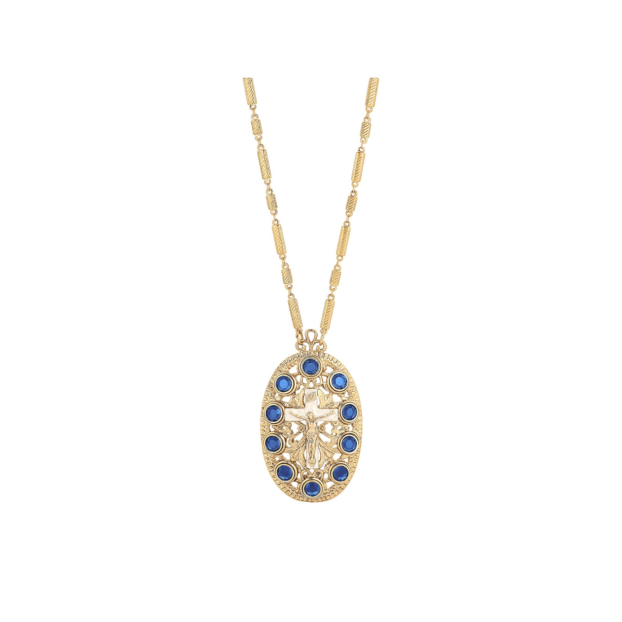 1928 Gold Tone Oval Cross Crystal Accent Necklace, Womens, Size: 28, Bl