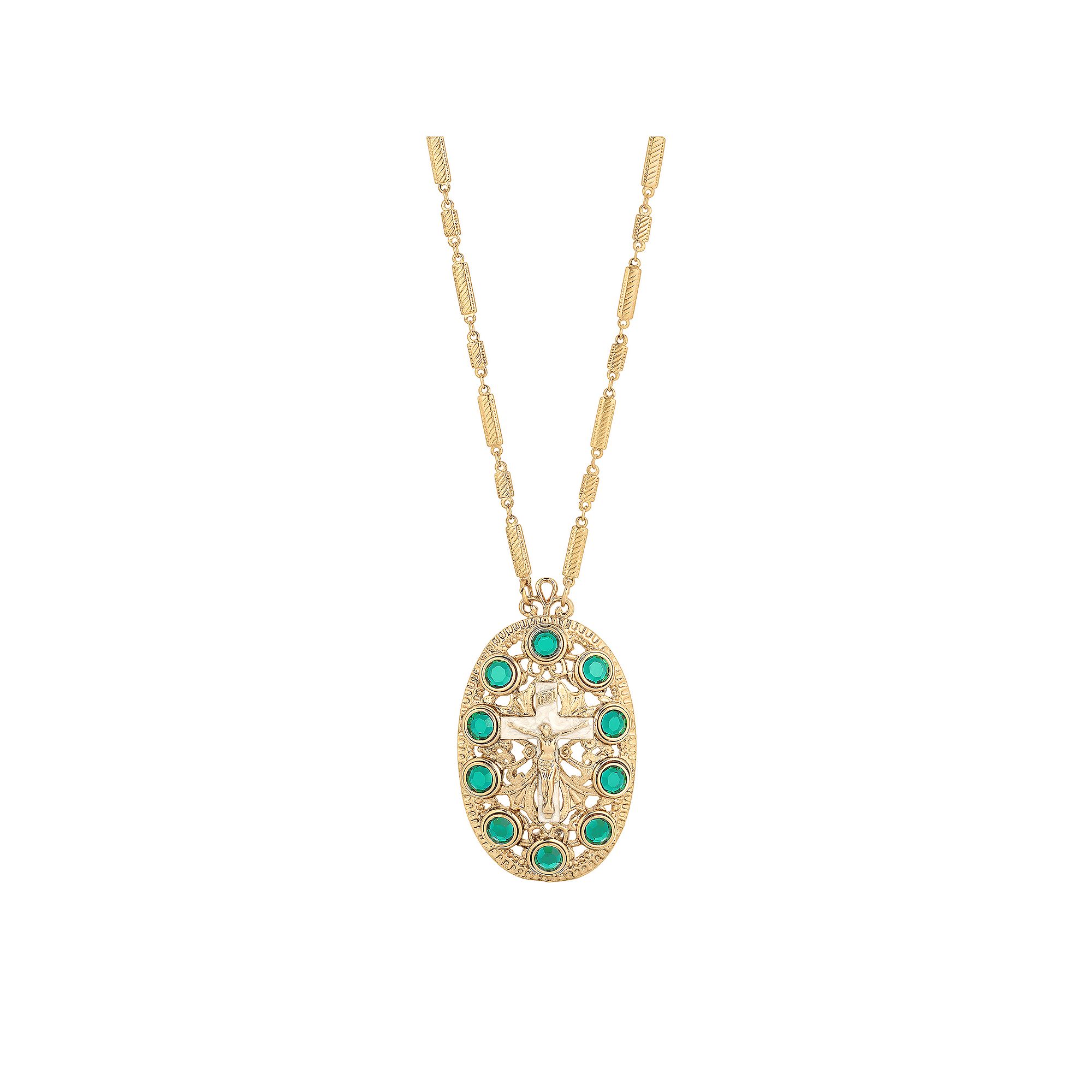 1928 Gold Tone Oval Cross Crystal Accent Necklace, Womens, Size: 28, Gr