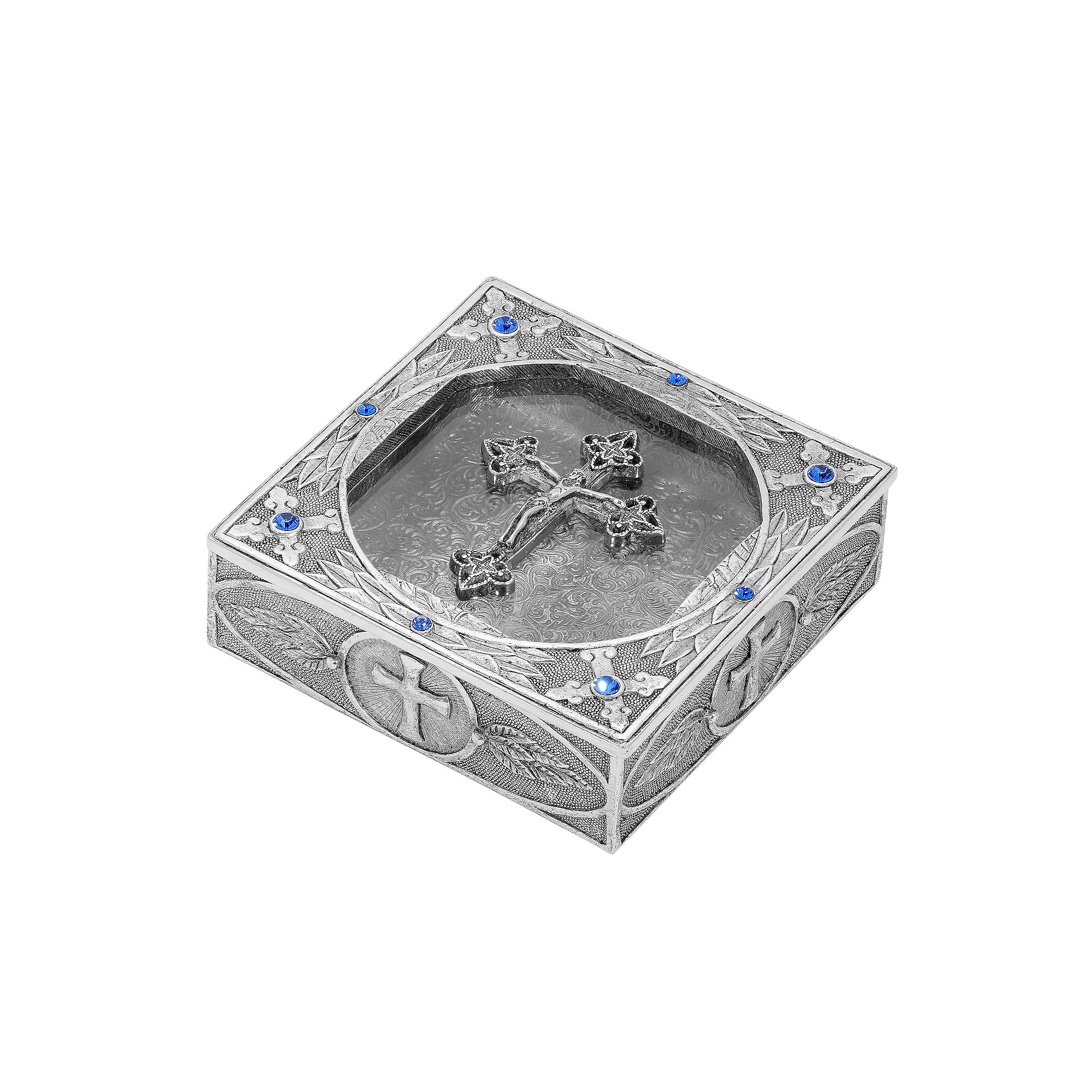 1928 Pewter Tone Crystal Cross Rosary Box, Womens, Blue