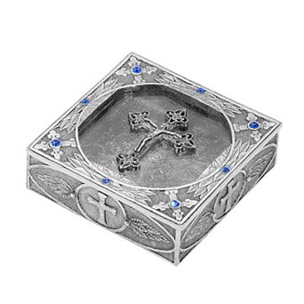 1928 Pewter Tone Crystal Cross Rosary Box