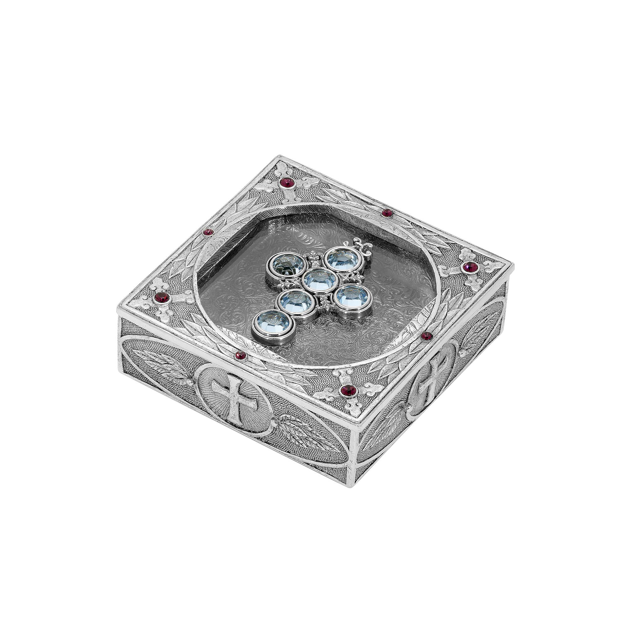 1928 Pewter Tone Crystal Cross Rosary Box, Womens, Multi