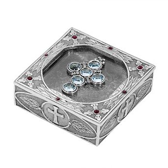 1928 Pewter Tone Crystal Cross Rosary Box